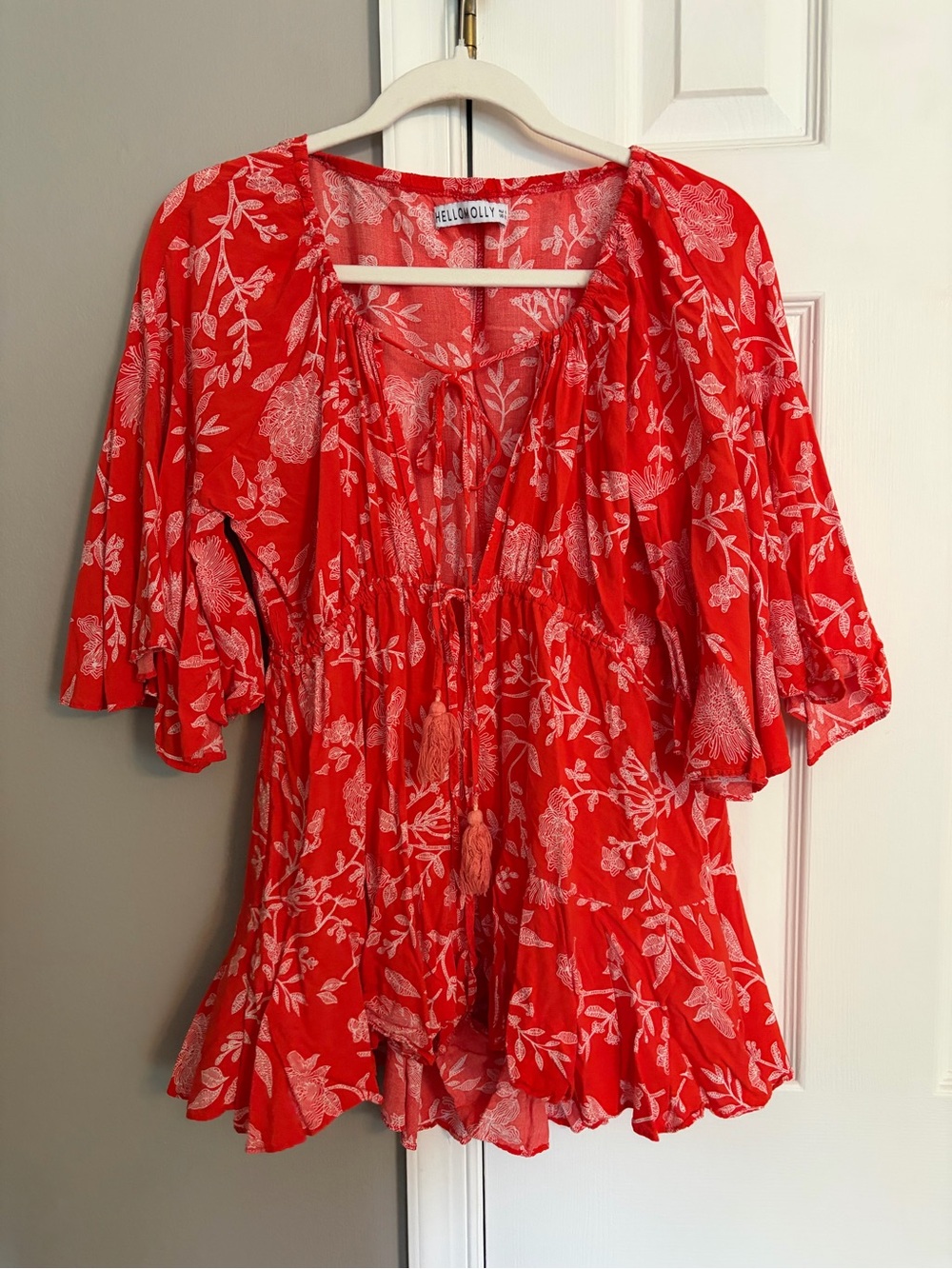Hello Molly Red & White Botanical Floral Tassel Tie Boho Romper
